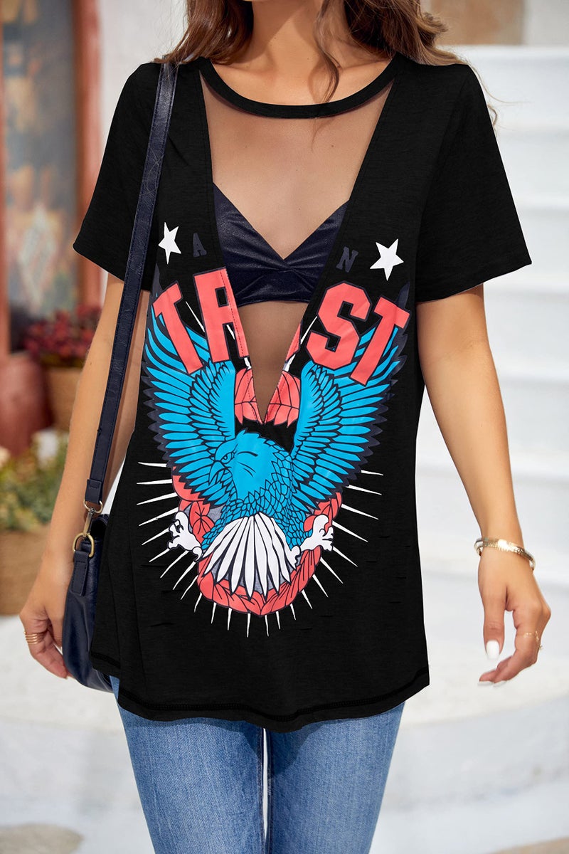 Karlywindow Womens Distressed Eagle Print Mesh V Neck Loose Graphic Short Sleeve T-Shirt Tops Blouse, Black, XX-Large - Image 5